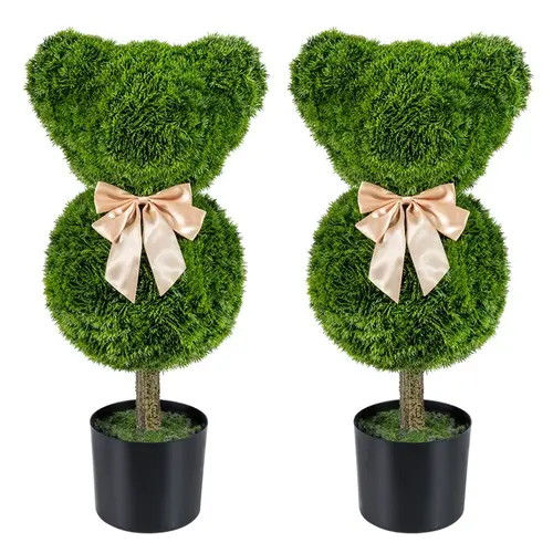 COSTWAY 2 Pcs Teddy Bear Topiary Trees, Sun-Resistant Faux Boxwood Bush with Bowknot & Ears, Decorative Animal Shaped Shrubs for Indoor Outdoor, Porch, Patio, Entryway