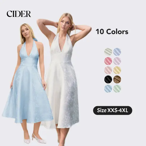 Cider Elegant Vacation Halter Neckline Dress for Wedding Guest, Sexy Floral Maxi Dresses, Ladies Jacquard Sundress, Summer Party Gowns, Lady Sun Dress SummerFinds