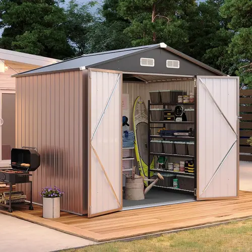 Aoxun 6x4/8x6/10x8/10x12FT Shed with Floor Galvanized Steel Outdoor Storage Shed Metal Garden Shed with Double Doors, Moisture-Proof Floor & Ventilation, Sloped Roof for Bike/Generator/Tool Storage (Brown)
