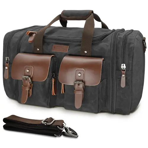 Wildroad Men's Waterproof Waxed Canvas & Genuine Leather Duffle Bag - Lightweight Travel Luggage, High Capacity Multifunctional Portable Vintage Weekender Overnight Carry-On, Personalized Quality Essential Father's Day Gift, Multifunctional Portable Bag