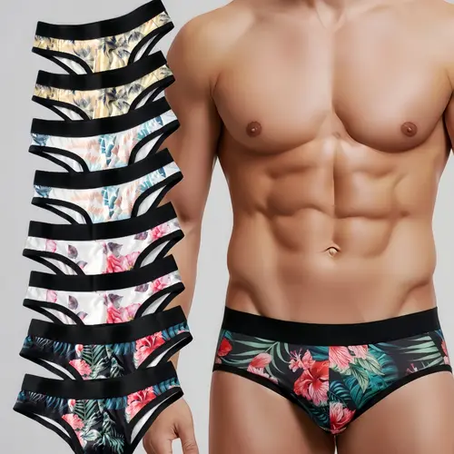 Trendy Men's Four Color 8 Piece Triangle Underwear Set, Unique Print Design, Novelty Print Briefs, Comfortable and Lightweight, Casual Style, All Seasons, Elastic Knit Underwear, Soft Stylish Brief, Casual Fitted Briefs