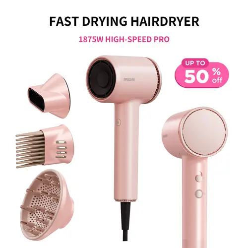 BABONIR 1875W High-Speed Ionic & Plasma Blow Dryer, Compact Hair Dryer with Diffuser, Concentrator & Comb Nozzle, Adjustable Wind Speed, Low-Temp Styling & Cool Shot Modes, for Home & Travel, Pink Holiday Gift, Compact Hair Dryers