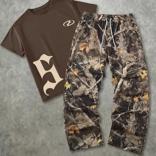 Men's Fashion Casual Vintage 2-Piece Set, Menswear, Letter Print Graphic Short Sleeve T-Shirt & Camouflage Wide Leg Pants, Outdoor Adventure/street Style, Streetwear