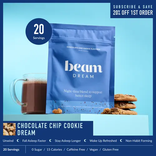 Beam Dream Clean Low Calorie Sugar Free Vegan Nighttime Hot Cocoa Milk Powder Supplement - 20 Servings, Chocolate Chip Cookie Flavor, Sleep Aid, Melatonin, L-Theanine, Magnesium, Third-Party Tested, Selfcare Health Wellness Product | Back to School