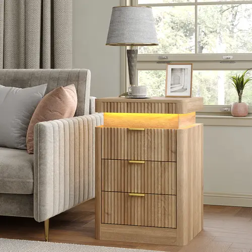 FUSOU Modern Nightstands (Set of 2) - Rectangular Fluted Oak 3-Drawer Stylish Bedside Tables with Charging Station, Sliding Top, Outlets/USB, LED Mood Light (17.7"w x 15.6"d x 26.4"h, Assembly Required) for Small Spaces, Apartment Furniture, Modern Nights