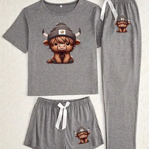 Women's Three-Piece Sleepwear Set, Cartoon Highland Cow Print, Fitted Casual Style, All Seasons Wear, Comfortable Nightwear, Cute Pajama Sets, Sleepwear Pajamas Set