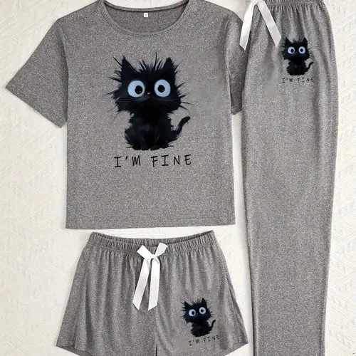 Women's Cartoon Cat Print Sleepwear Set, Casual Lounge Pajama Style Fitted Three-Piece Pajamas, Pajama Shorts, Animal Pattern, All Seasons Comfort