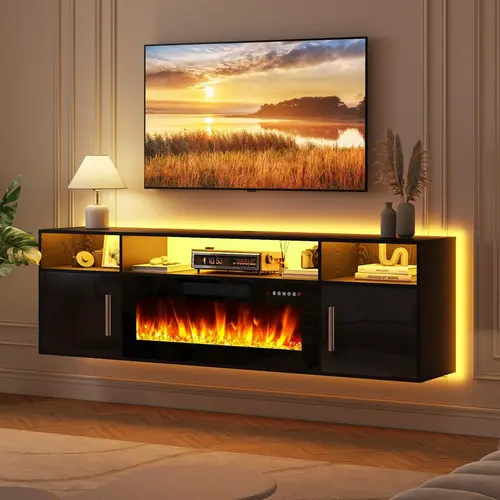 PUKAMI 70" Wall-Mount 2-in-1 Design TV Stand - 1200W LED Fireplace Media Console, Engineered Wood, Mirror Finish Cabinet, Storage, Wire Management, 12-Color Fireplace Flames, Space-Saving, Includes Brackets, Indoor Living Room Furniture