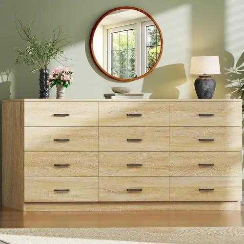 Dresser for Bedroom with 12 Drawers, 60'' Wide Mid Century Modern Dressers, Natural Wood Grain, Chests of Drawers TV Stand, Large Storage Organizer, Closet, Entryway, Natural
