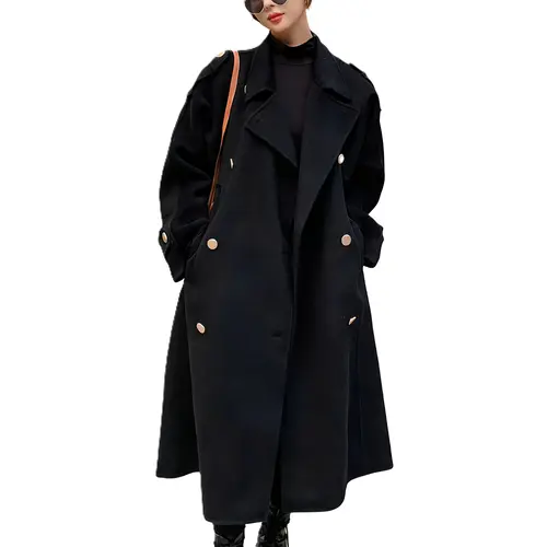 Ebossy Women's Winter Double-Breasted Midi Wool Pea Coat - Notch Lapel, Thermal Lined, Long Sleeve, Loose Fit, Chic, Buttoned Cuff, Solid Buttons Outerwear, Dressy Enough for Office Meetings, Jackets