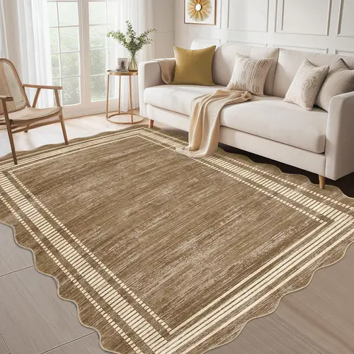 【GARVEE】Scalloped 5x7 Rugs Washable Area Rugs for Living Room, Modern Bordered Solid Rug for Bedroom, Abstract Scalloped Non-Slip Stain Resistant Carpet for Dining Room Home Office Dorm,Brown