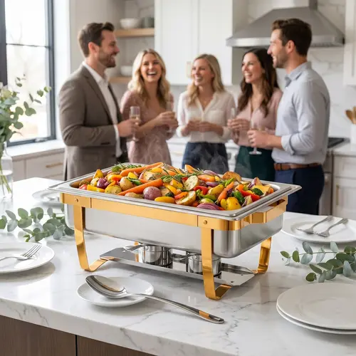 【GARVEE】8Qt Stainless Steel Rectangle Chafing Pans with Lids - Buffet Warmers and Food Warmers Set for Catering, Parties, and Buffet Display in Elegant Gold Finish