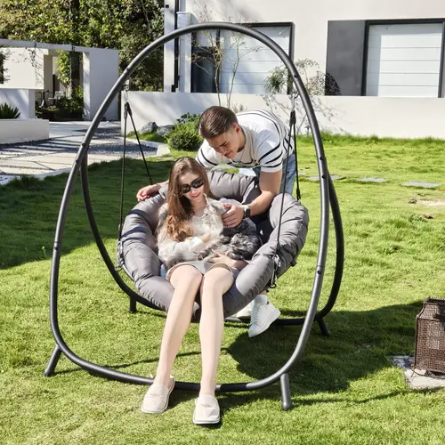 ZZWHOM Modern Iron Egg Patio Swing, Heavy-Duty Sturdy Steel Frame, 4-Legged Floor-Gripping Base, 350lbs Capacity, 37.5in Cotton Rope Seat with Thick Cushion, UV Prevention, Easy Assembly Patio Outdoor Furniture