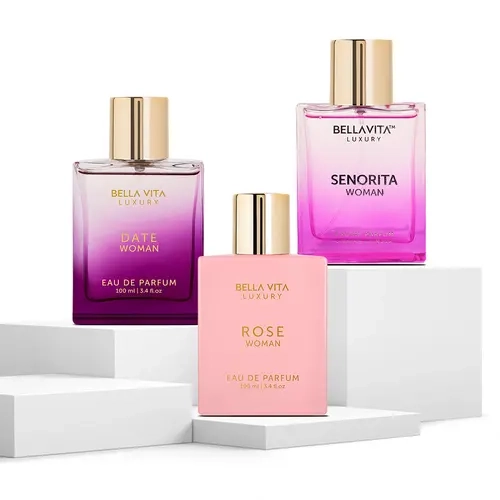 BellaVita Luxury The Elegant Romance Trio Date Senorita and Rose Eau De Parfum EDP Fruity Floral and Woody Fragrances Long Lasting Perfumes for Women Premium Gift Set Cruelty Free