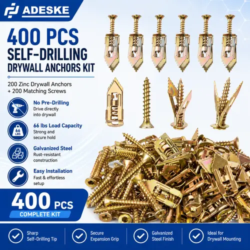 ADESKE 400PCS Self-Drilling Drywall Anchors and Screws Kit, 200 Drywall Anchors & 200 Zinc Screws, Galvanized Steel, No Drill Required, Holds Up to 66 lbs, for Wall Mounting
