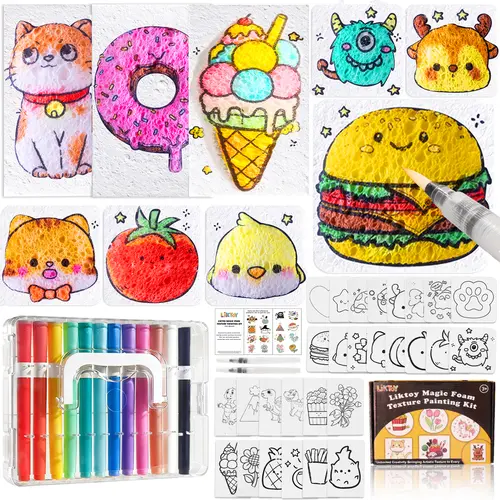 Liktoy 44 Pcs Magic Foam Texture Painting Kit, Including 28 Pcs Foam Texture Paper,  12Colors Brush Tip Acrylic Paint Markers, Magical 3D Effect Painting Kit  Valentine's Day Christmas GIft