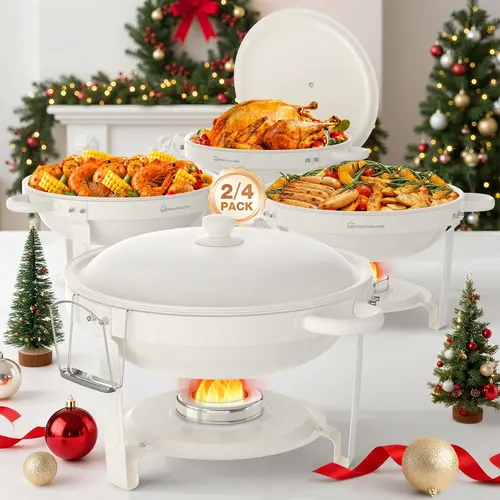[Back To School] WARMOUNTS 5QT Capacity Chafing Dishes (2-Pack/4-Pack) - Maifanite-Coated Stackable Buffet Warmers, Stainless Steel/Glass Lid, Cooking Tools with Water Pan Temp Hold, Lid Stays Elevated, Hygienic Cool/Warm Hold for Parties, Catering, Therm