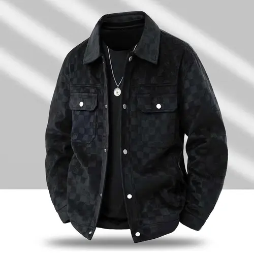 Men’s black patterned long-sleeve jacket — menswear, men’s clothing, featuring a front flap pocket and button closure, a stylish and practical top suitable for autumn.