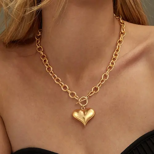 Loyalove  Gold 9mm Large O-Chain Polished Pointed Heart Pendant Necklace, Chunky Paperclip Collar, Ideal as Birthday or Holiday Gift, Suitable for Women and Girls to Wear, Best Valentine's Day Gift Jewelry