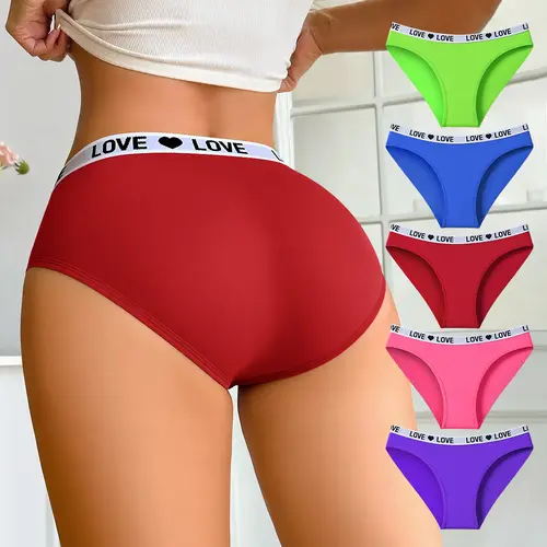 HOTCOM Women’s 5 Pieces Low-Waist Cotton Panties – Soft Breathable Letter Strap Briefs, Everyday Womenswear Essentials