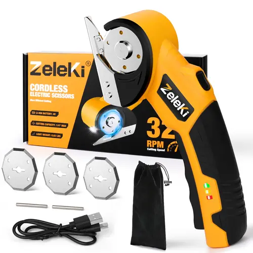 Zeleki 4V Cordless Electric Scissors - Rechargeable Heavy Duty Portable Cutting Tool with Safety Lock, LED Light, Long Battery Life, Extra Blades, Storage Bag | Easy-to-Use Wireless Shears for Home, Fabric, DIY Projects (Yellow), Cardboard