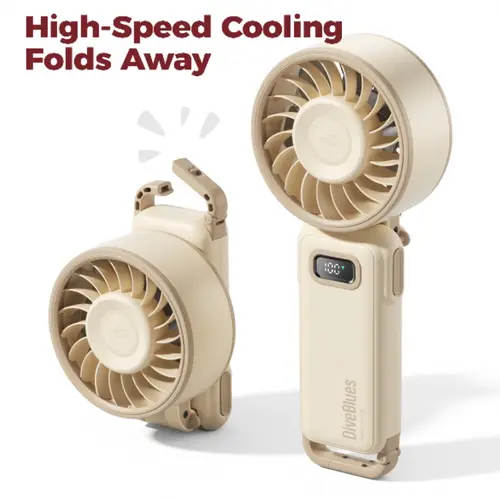DiveBlues Compact Cordless Handheld Portable Fan - 100-Gear Wind, 3600mAh Batteries, 5-in-1 Rechargeable, Turbotech Air Tech, USB Cover, Magnetic Instant Heat, Temperature Levels, Button, Long-Lasting, Beat the Heat for Outdoor Activities, Work