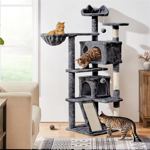 Costoffs 57in Plush Small Modern Cat Tree - Kitten Tower for Indoor Cats, Cozy Kitten Condo with Platform, Scratching Posts, Double Condos, Climbing Frame Bed Furniture