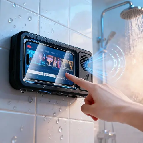 Waterproof 360° Rotation Bathroom Shower Phone Holder with Bluetooth Speaker, Touch Screen Compatible, Durable Smartphone/Cellphone Accessories for Movie Watching, Music Listening, Summervibes Protection, Mount