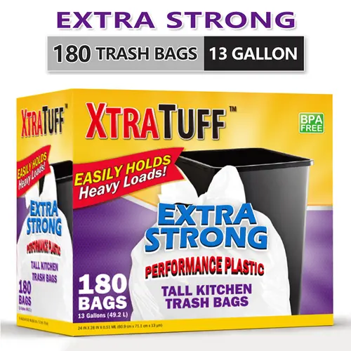 Xtratuff Basics 13gal Disposable Garbage Bags, Quick-Tie Tall Kitchen Plastic Bags, Durable White Leak-Proof Extra-Thick BPA-Free Eco-Friendly 180-Count Home Care Supplies