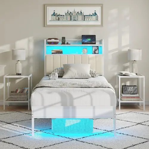PUNICE Black Twin Size Modern Platform Bed Frame - Upholstered Storage Headboard with 2-Tier Shelves, Built-In Charging Station & LED Lights, Noise-Free, No Box Spring Needed, Platform with Storage Headboard Bed Frame, Platform With Storage Headboard Bed