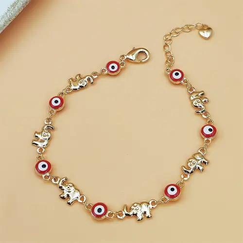 Women's Ethnic Sports Wristband - Fashion Accessories Metal Link Decor Bracelet, Adjustable Clasp Gold Chain, Bohemian Red-Eye Elephant Charm, Unisex Everyday Outfit Accent