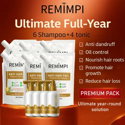 REMIMPI Ultimate Care System – 6 Anti-Hair Fall Shampoos + 4 Hair Growth Tonics | 12-Month Complete Hair Regeneration Program | Herbal Anti-Dandruff, Root Strengthening & Hair Growth Kit (300ml + 50ml),back to school