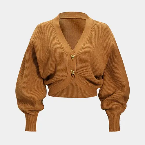Women's Fall Winter Simple Style Knitwear Short Cardigan Y-Shaped Metal Button Casual Elegant Waist Cinched Split Sweater Jacket