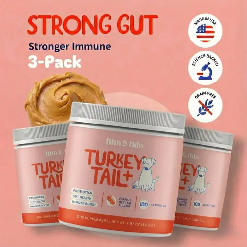Fifth and Fido Turkey Tail+ Reishi Mushrooms 3-Pack Dog Food Sprinkle Topper, Peanut Butter Flavor, 500mg per Scoop, Supports Immune & Gut Health, USA-Made Dog Health Supplements