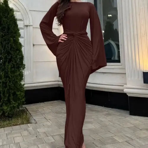 Women's Solid Ruched Twisted Lace-up Flounce Long Sleeve Bodycon Nfinity Dress, Chic, Elegant, Plain Knotted Plicated Tie-back Maxi Long Dress, Ladies Spring Fall Winter Party Club Dating Evening Gown Formal Wear Dress, Daily Fashion Casual Dresses