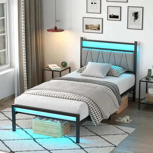 PUNICE Full Size Sturdy Metal Bed Frame - Storage Headboard, Charging Station, LED Lights, 13 Steel Slats, Modern Bedroom Furniture, Black Bedframes for Storage Bed Frames Needs, Sturdy Bed Frame