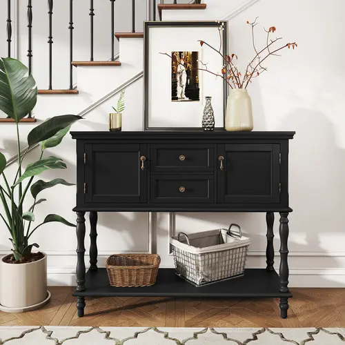 【summerwins】HLR Vintage Rectangle Console Table - Living Room Furniture with Legged Base, Brass-Handle Grip, Storage Drawers, Cabinets, 14.5" Low Shelf, 150lb Capacity, Farmhouse/Traditional Style, Entryway Table, Assembly-Required Home Organizer