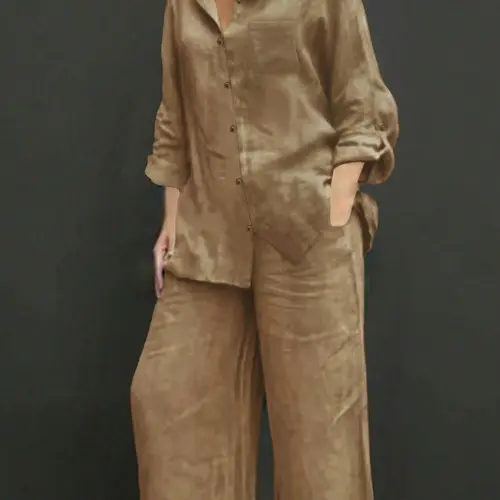 Spring Summer Fall Polo Neck Casual Everyday Clothes Cardigan Set, Slimming Pure Color Elegant Shirt Top, Vacation Commute Comfort Soft Fabric Pants Two-Piece Suit Outfit Womenswear Style