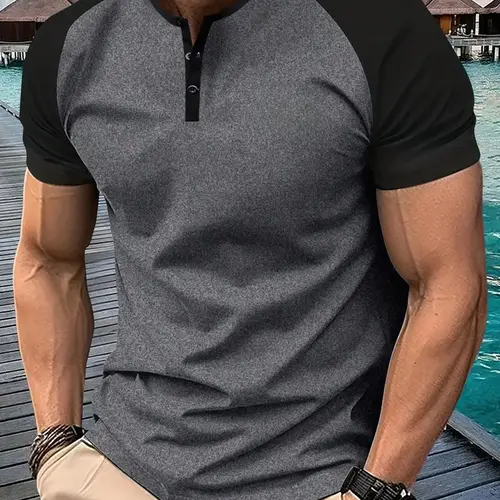 Men’s Short-Sleeve Henley T-Shirt - 5-Button Placket, Stretchy Fabric, Lightweight, Casual, Fitted Cut, Outdoor Streetwear Crew Neck Top