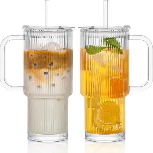 DWTS DANWEITESI 16.9oz Ribbed Glass Tumbler Cup Set of 2 - Leakproof, Portable, Reusable, Washable with Handle, Lid and Straw - Vintage Drinkware for Cocktails, Coffee