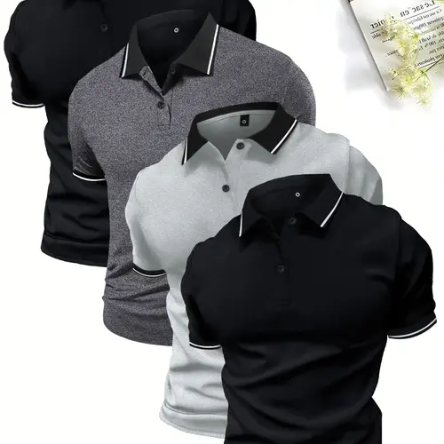 Men’s polo shirts are available in multi-pack options—sets of 1, 2, 3, or 4 pieces—with a buttoned collar and slightly stretchy fabric suitable for summer workwear and casual wear. Short sleeves. Men’s tropical stretch polyester single-layer styles are al