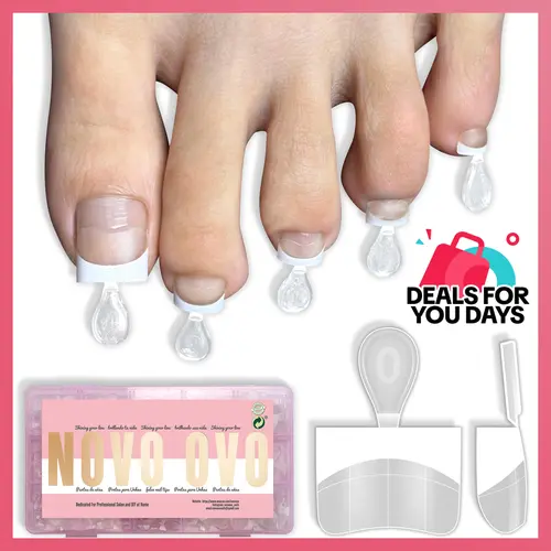 NOVO OVO White French Tip Half Cover Toe Nail Tips, Clear Soft Gel with Auxiliary Line for Fake False Toenail Extension, Sharp Square Medium Wide for Men Women Acrylic pedicure x15 Sizes 240 Pcs【No Glue、Topcoat Or UV Ligt】