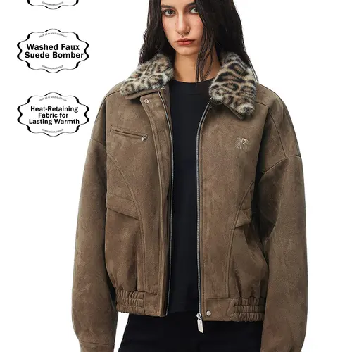 FDR Barn Jacket with Detachable Leopard Fur Collar for Men & Women | Heavyweight Zip Up Faux Suede Bomber Jacket Loose Fit Casual Minimalist Outerwear Oversized Brown Top #Summervibes