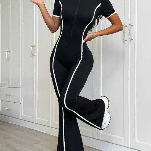 Women's Colorblock Zipper Fall Winter Fleece Lined Knit, Long Sleeve Slim Fit Casual Fashion Jogger Pants, Jumpsuit Fall Outfit