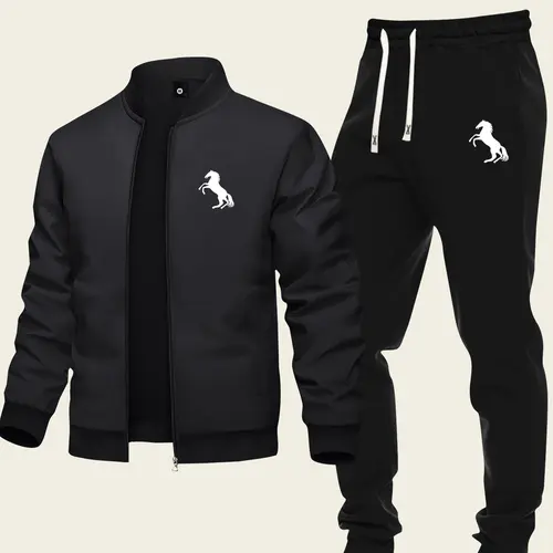 Men's Baseball Collar Casual Set 2-Piece Fashion Zipper Jacket & Drawstring Sweatpants Minimalist Trendy Design with Galloping Horse Print Ideal for Sports & Everyday Wear