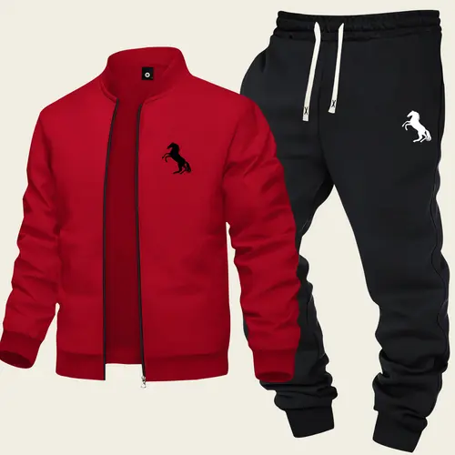 Men's Baseball Collar Casual Set 2-Piece Fashion Zipper Jacket & Drawstring Sweatpants Minimalist Trendy Design with Galloping Horse Print Ideal for Sports & Everyday Wear