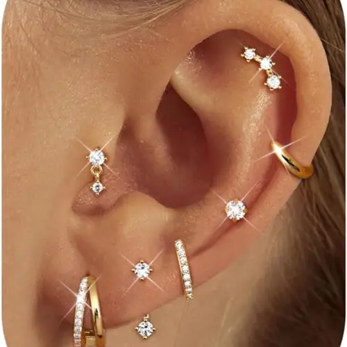 7 Pairs Small Stud Hoop Earrings for Women -Hypoallergenic High Quality Earrings 14K Gold Plated Huggie Earring Sets Ear Hoops for Multiple Piercing Dainty Earring Stacks Cute Silver Cartilage Jewelry Trendy Gifts Studs Earrings Huggie Earring Pack