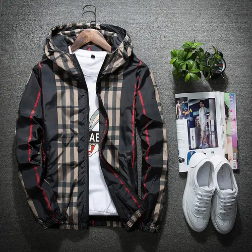 Men's Fitted Cut Hooded Checkered Color Block Jacket - Long-Sleeve Casual Trendy Individual Menswear Top, Spring Statement Outerwear