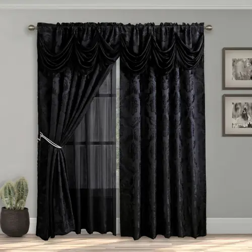 2-Panel Double Layer Jacquard Rod Pocket Blackout Window Curtains with Waterfall Valance (52x84/95/102/110in), Wrinkle-Resistant, Anti-Shrink Premium Home Decor for Bedroom & Living Room, Household Textile Accessory JV1 FT7777, Window Curtain
