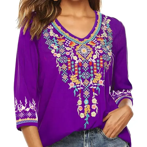 Women's Plus Size Casual Fit Floral & Geometric Print V Neck T-Shirt, Botanical Shirt, Boho Style Shirt, Comfortable Breathable Tee for Everyday Wear, Stylish Ladies Top for Spring & Fall, Womenswear